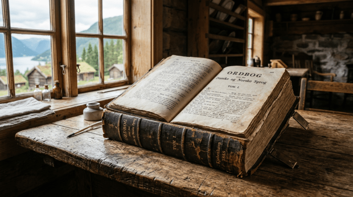 Open antique dictionary titled 'Ordbog over det Danske og Norske Sprog' on wooden table in rustic cabin